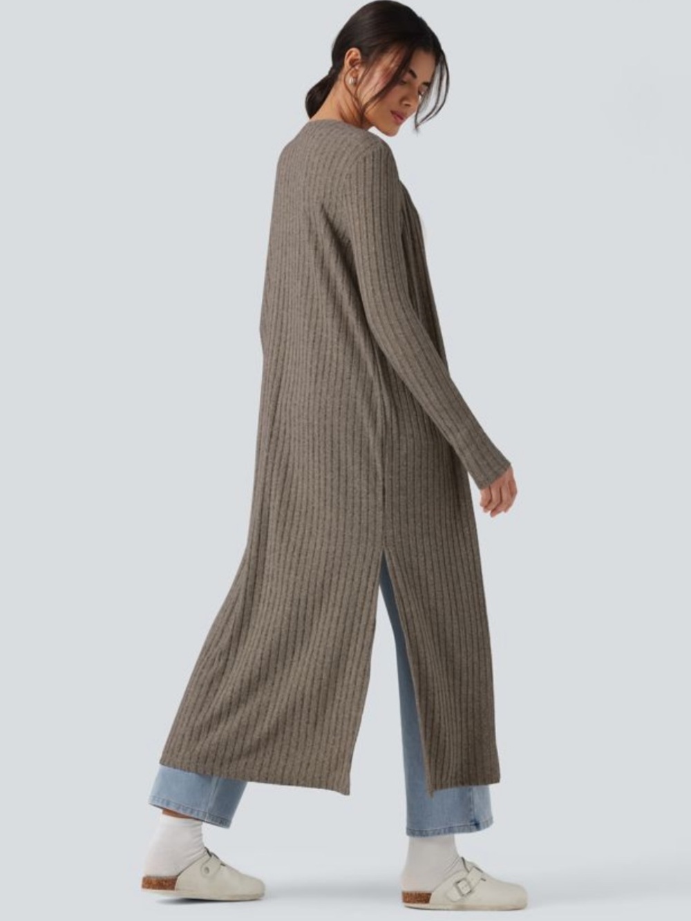 Halara Long Soft Ribbed Cardigan- Soft Brown - Picture 4 of 5